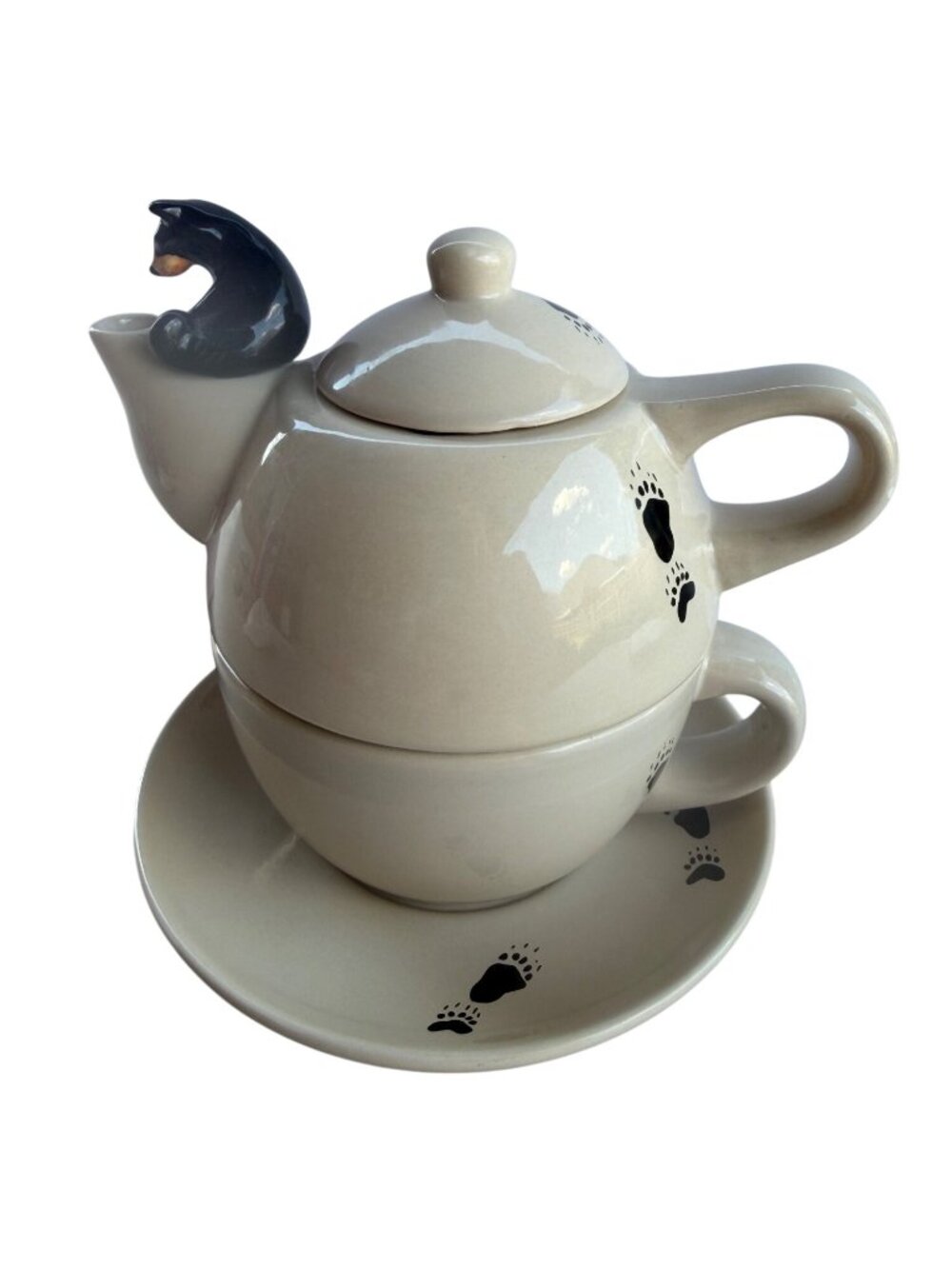 3-Pc. VTG Bearfoots Light Beige & Black Ceramic Stackable Tea Set w/Paw Prints